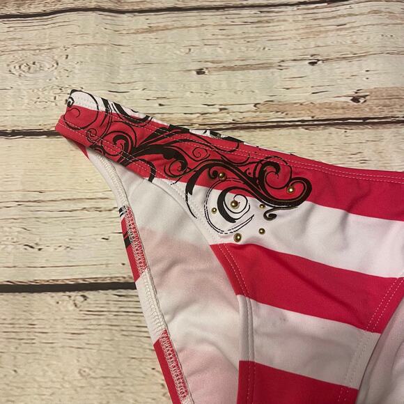Guess Bikini Bottom Womens Medium Pink White Stripe Graphic Swim Beach Pool - Picture 2 of 6